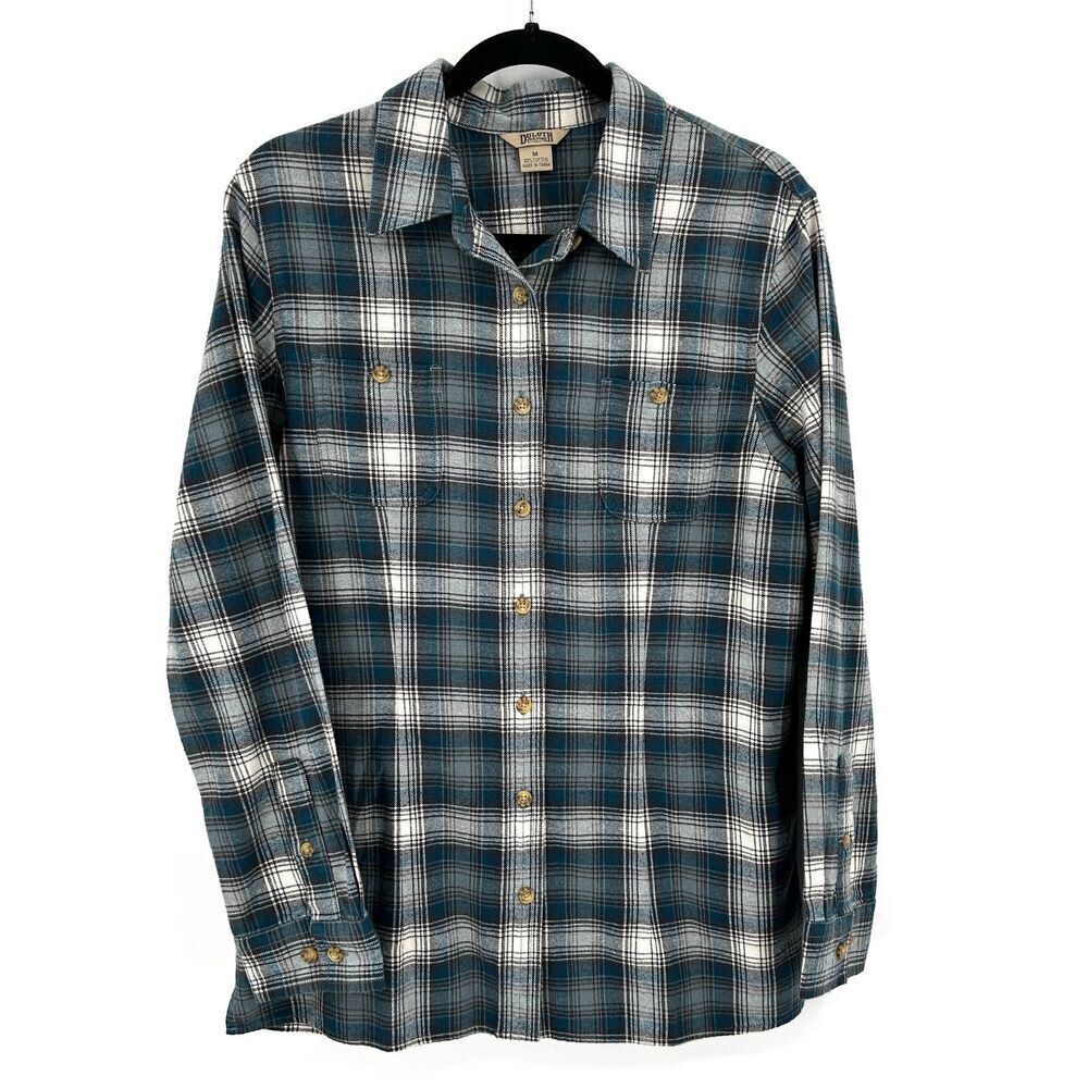 DULUTH Men's Blue White Plaid Free Swingin Flannel Button Up Shirt Size Medium